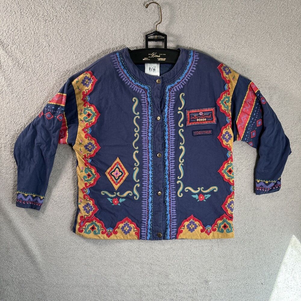Vintage Together! Jacket International Blue Embroidered Size‎ L Boho Folk Art